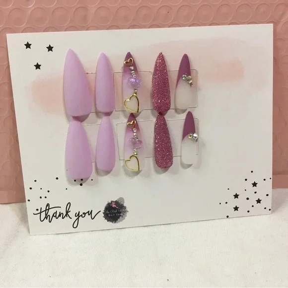 Press on nails hand painted with shades of pink and purple - Picture 2 of 4